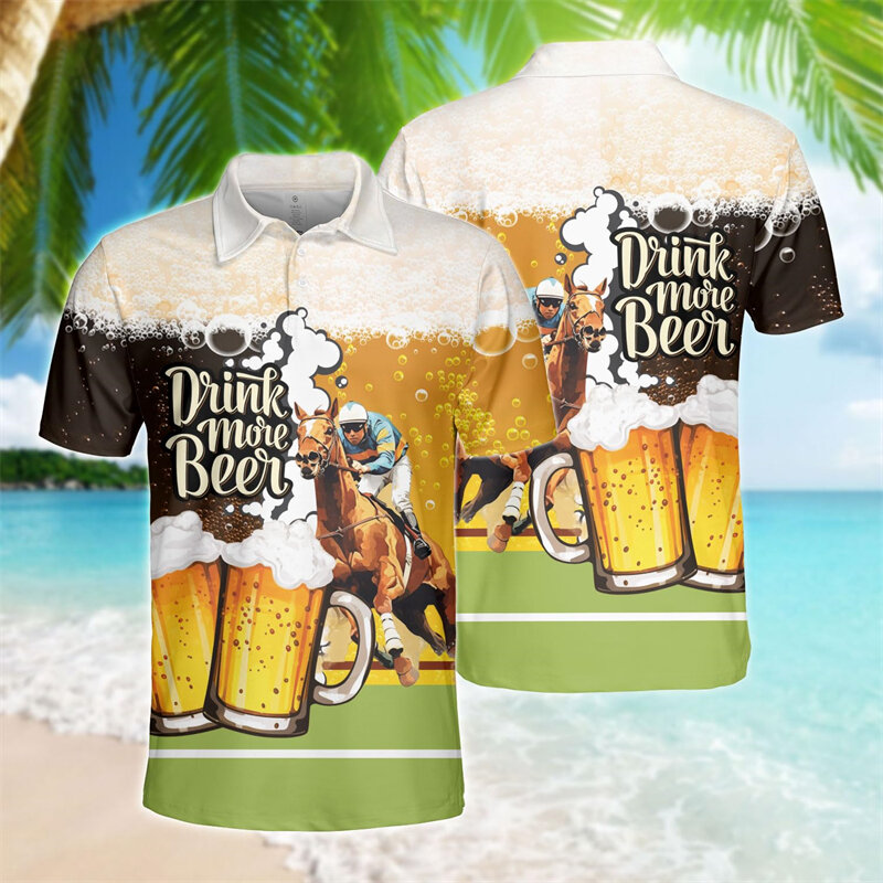 قميص بولو برسومات شرب البيرة للرجال ، أكمام قصيرة ، أزياء هاراجوكو ، قميص بولو للرجال من هاواي ، مشروبات رائعة ، تي شيرت حيوانات ، ملابس