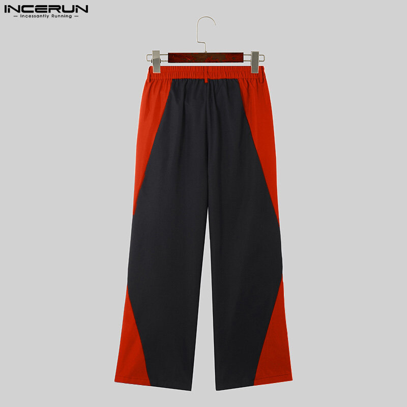 INCERUN 2024 Korean Style New Men's Trousers Patchwork Cross Design Long Pants Leisure Stylish Contrasting Color Pantalons S-5XL