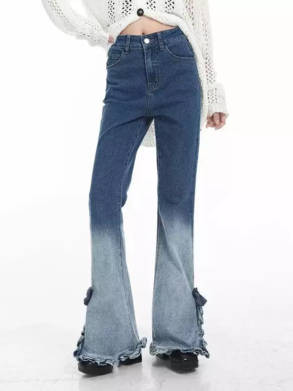 Calça jeans gradiente de cintura alta feminina, American Classic Split, Chique simples, comprimento total, jeans femininos casuais, moda verão, nova