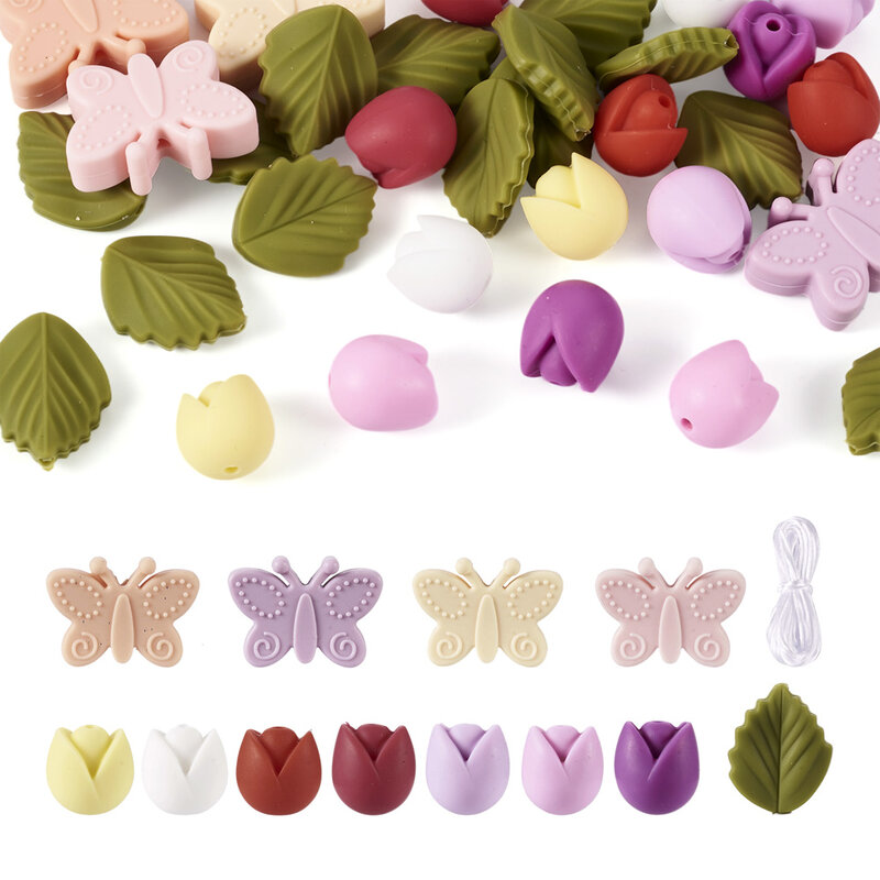 32Pcs/Bag Tulip Butterfly Leaf Silicone Floral Beads Food Grade Flower Beads with Nylon Thread for Necklace Bracelet Accessories