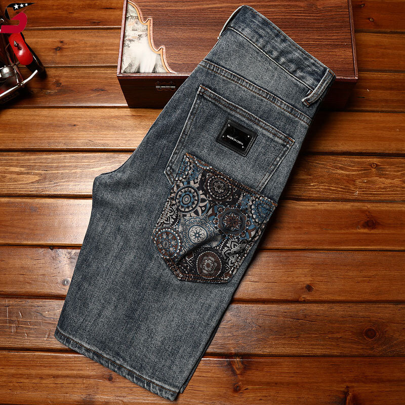 Pantaloncini di jeans alla moda Paisley moda estiva da uomo stampata Casual Cool Street Stretch Slim pantaloni corti estivi