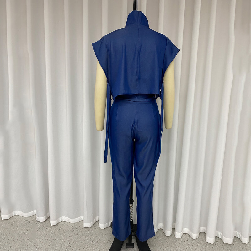 Waytobele damski zestaw dwuczęściowy letnie modne biurowe jednolity wysoki dekolt z krótkim rękawem proste z kieszeniami klamry zestawy spodni