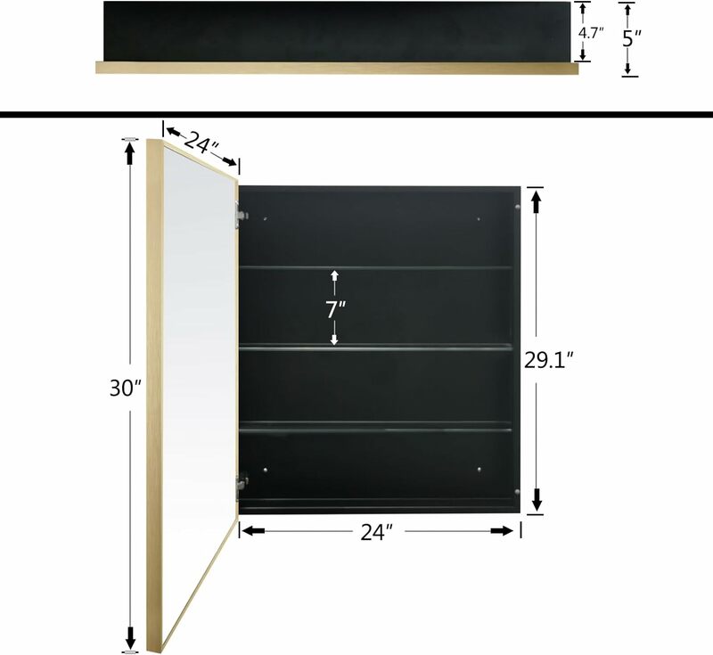 Szafka na leki łazienkowy FOMAYKO z aluminiowym lustro w ramie, montaż powierzchniowy szafka łazienkowa z lustrem 24 "x30", pojedyncze drzwi złoto