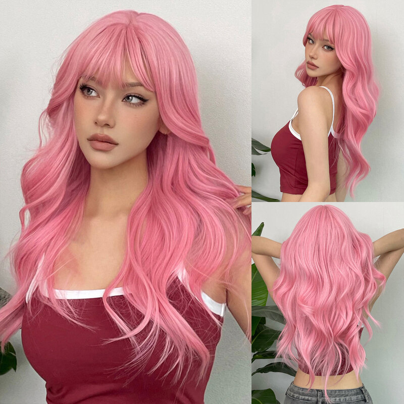 SNQP Long Wave Synthetic Wig for Women 24inch Pink Wig with Bangs for Daily Cosplay Party Heat Resistant Breathable Headband