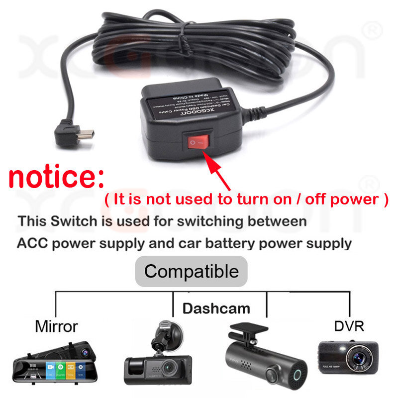 Dash Cam Camcorder Vehicle DVR 24Hours Car Charging Cable OBD Hardwire Cord Mini Micro Type-C Port 5V 3A 3.5Meters With Switch