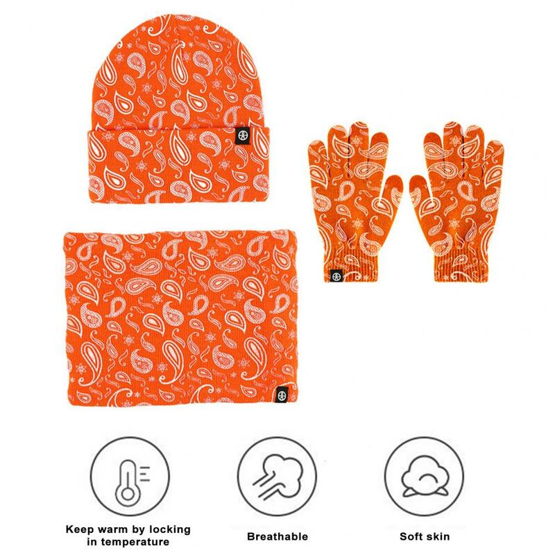 Cozy Cycling Cap Neck Warmer Gloves Set Ultra-thick Windproof Winter Beanie Hat Scarf Gloves Set Soft Knitted Outdoor Print Neck