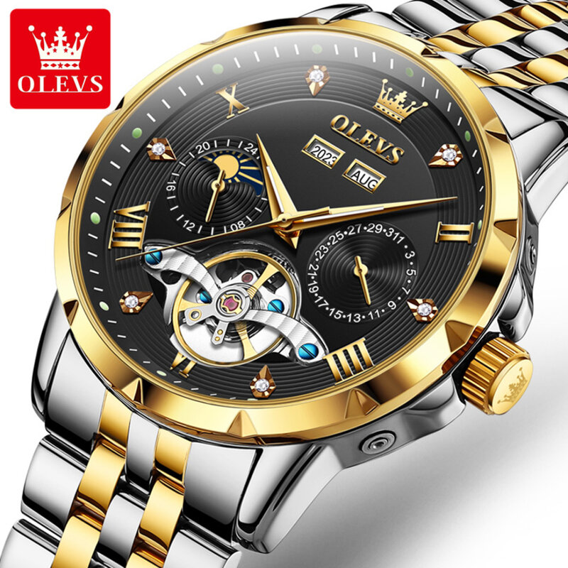 Olevs 6691 Mode Mechanisch Horloge Cadeau Roestvrijstalen Horlogeband Ronde Wijzerplaat Week Display Kalender Lichtgevend Jaar Display