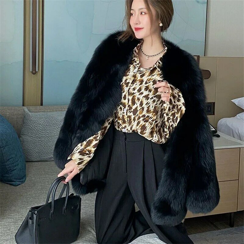여성용 두꺼운 블랙 인조 여우 인조 모피 재킷, 한국 패션, 겨울 V넥, 루즈한 따뜻한 가디건, 우아한 럭셔리 긴팔 탑