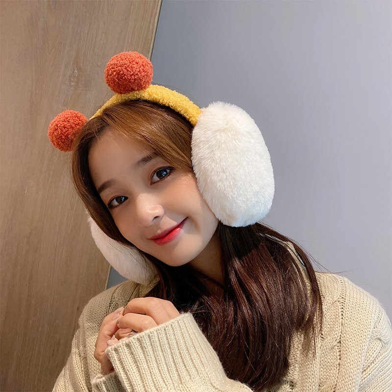 Women Faux Fur Ball Earmuffs Cozy Foldable Winter Headphones Warm Ear Cover Soft Plush Antifreeze Cold Protection for Outdoor