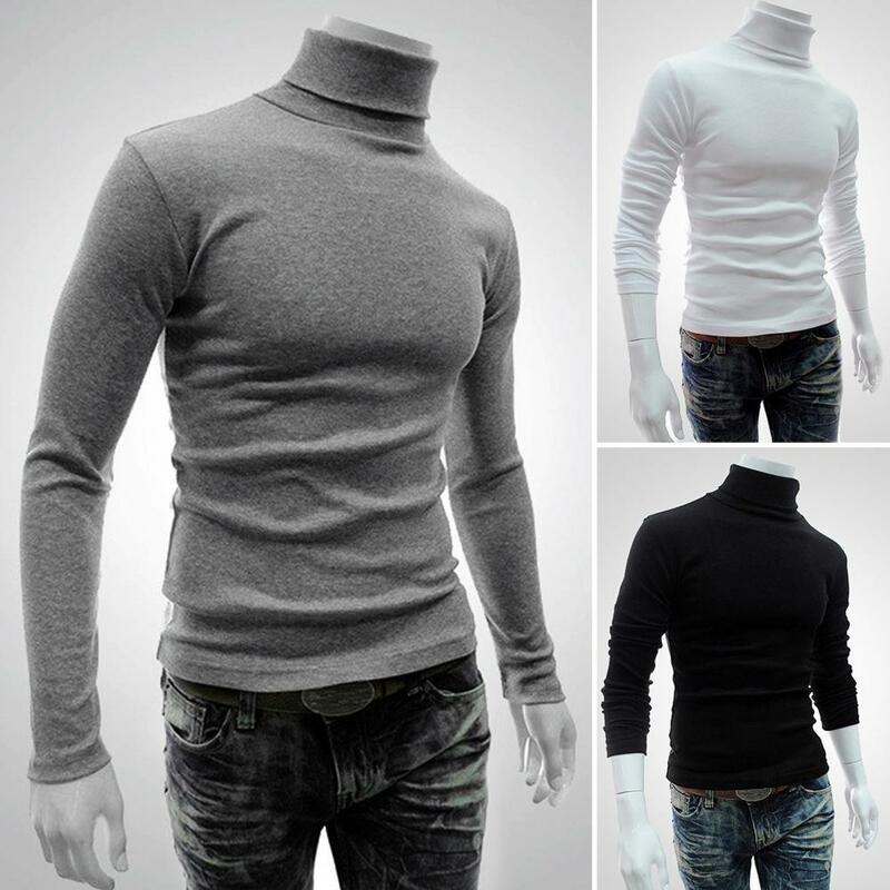 Pulôver de manga comprida gola alta masculino, camisa elástica de malha leve, monocromática, streetwear elegante