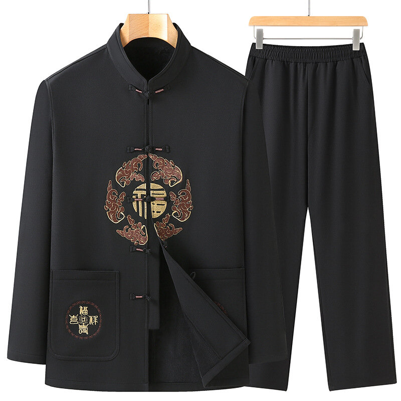 ElmainTang-Manteau épais en peluche de style chinois vintage pour hommes, vêtements Kong Fu, vestes en Y, pantalons trempés, automne et hiver, 2 pièces