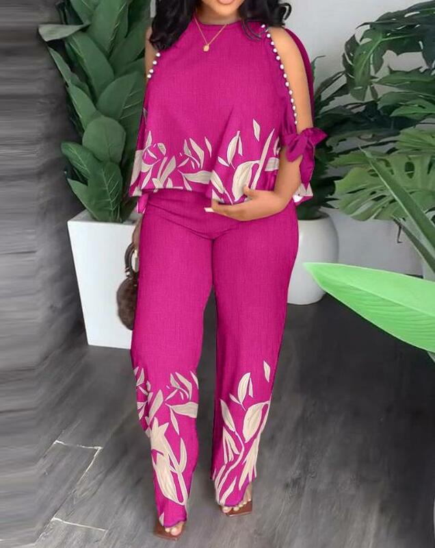 Two Piece Sets Women Outifit 2023 Summer Fashion Plants Print Split Sleeve O-Neck Top & Casual Straight Leg Pants Set Streetwear