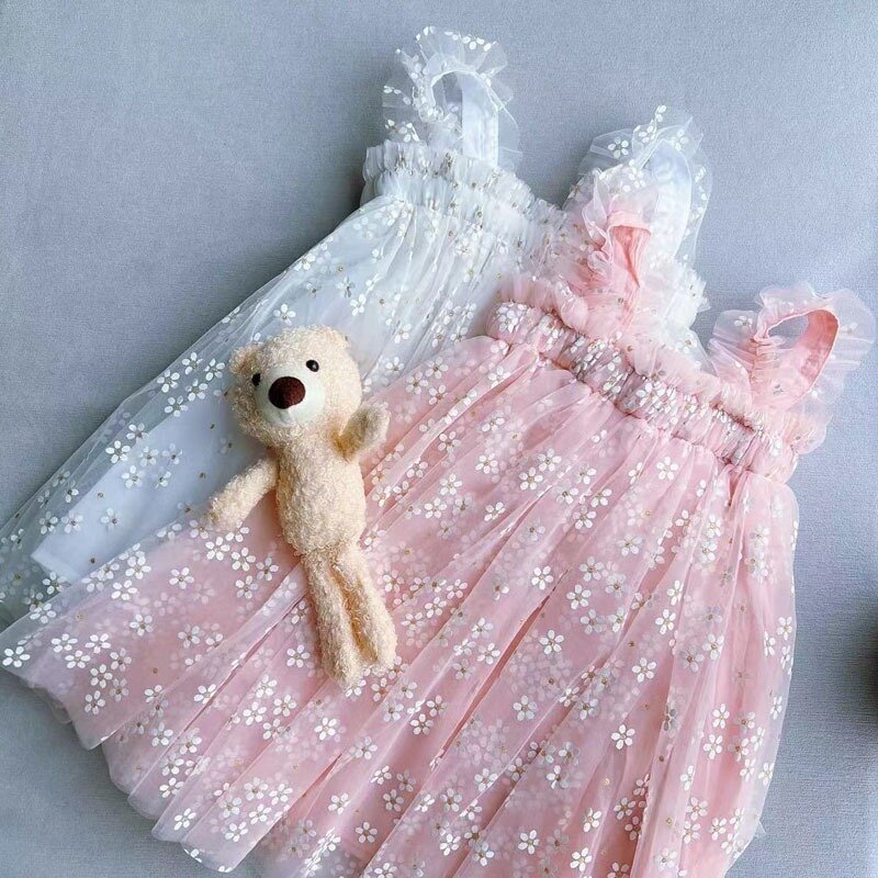 Sukienka urodzinowa na ubrania dla dziewczynek słodki kwiatowy nadruk siatka księżniczki sukienki Tutu bez rękawów dla dziewczynek
