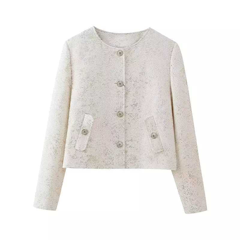 Folha de metal feminina decoração casaco curto de peito único bolso vintage de manga longa, top único, nova moda