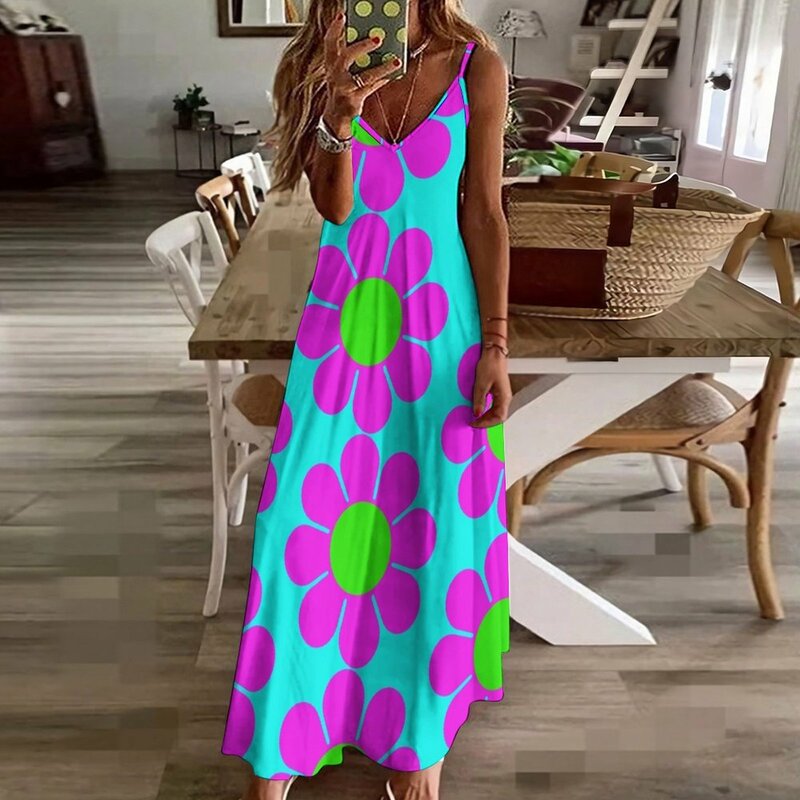 여성용 핑크 그린 히피 플라워 데이지 민소매 드레스, 럭셔리 이브닝 드레스, 여름 드레스, 2023