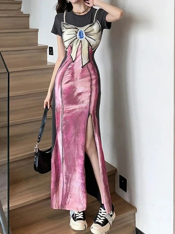 Imitacja dwuczęściowej damska z krótkim rękawem z rozciętym sukienka z okrągłym dekoltem koreańska wersja moda Retro słodka z kokardą, z nadrukiem damska szczupła dopasowana sukienka