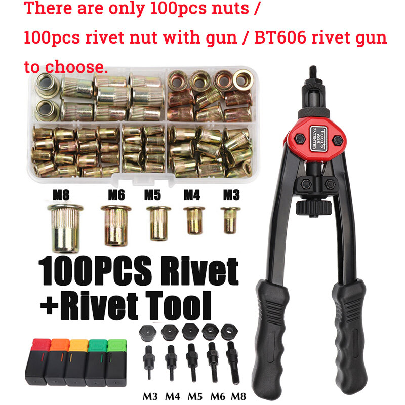 Mão de rosca Rivet Nuts Gun, Double Insert, Manual Riveter Gun, Rebitando Ferramenta, BT606, M3, M4, M5, M6, M8, 1pc, 100pcs