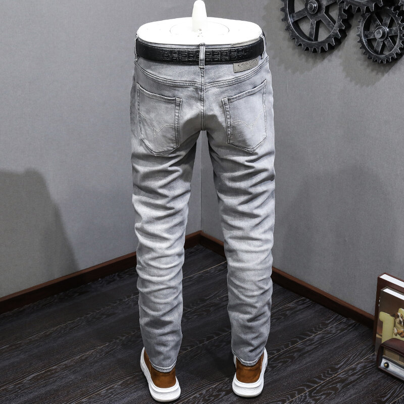 Fashion Designer Men Jeans High Quality Retro Gray Elastic Slim Fit Ripped Jeans Men Vintage Trousers Casual Denim Pants Hombre