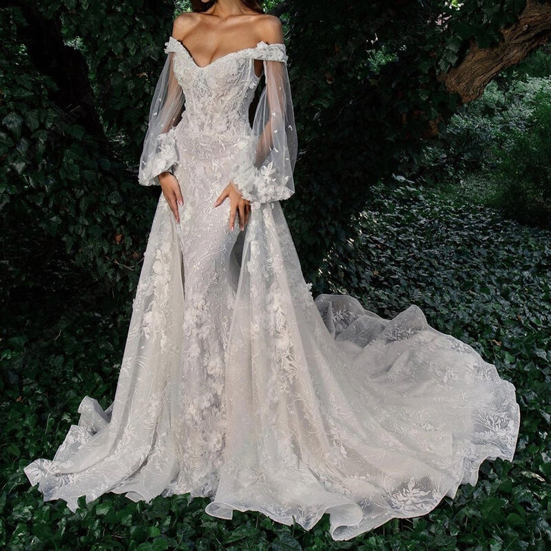 Seksowny tiulowy damski z odkrytymi ramionami suknie ślubne koronkowe kwiatowy nadruk suknia ślubna syrenka długość księżniczki Vestido De Novia