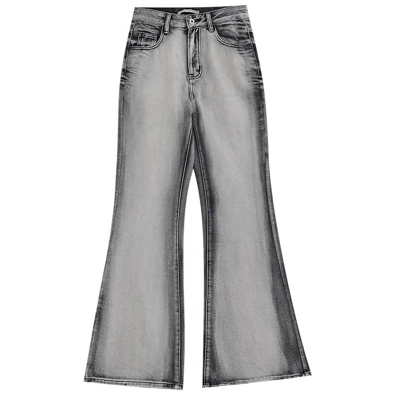 Женские винтажные джинсы в стиле High Street, серые расклешенные джинсы с эффектом потертости и высокой талией, в американском стиле ретро