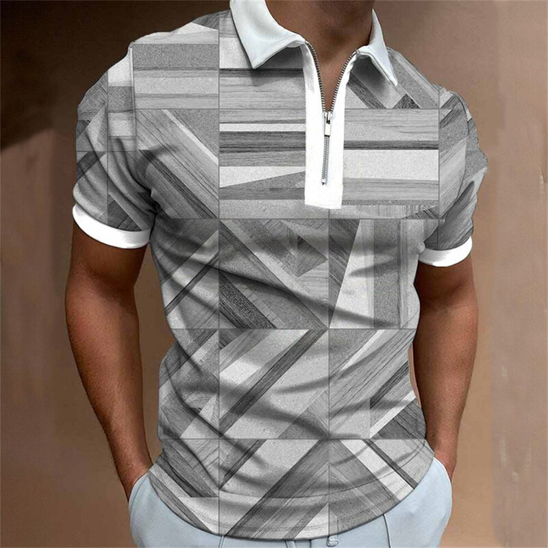 Мужская летняя рубашка-поло на молнии с геометрическим принтом и короткими рукавами
