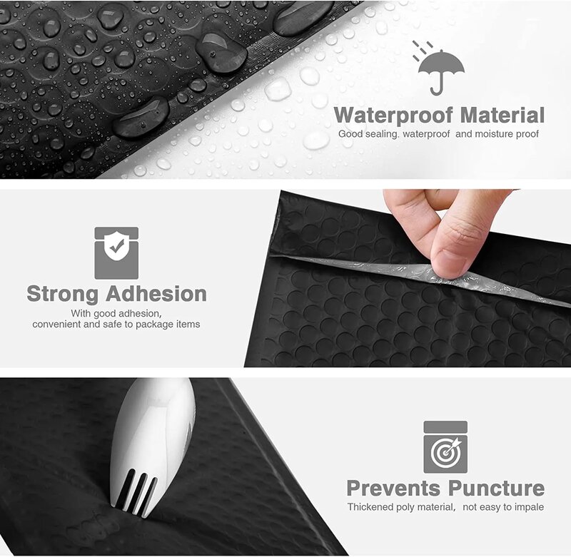 Bolsas de embalaje de burbujas negras de alta calidad, sobres de negocios, paquete de joyería, antiextrusión, impermeable, 50 piezas