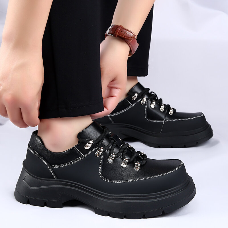 Spring New British Strret Style Black Hombre Daily Dress Leather Height Increasing Shoes For Men's Casual Business Lace-Up