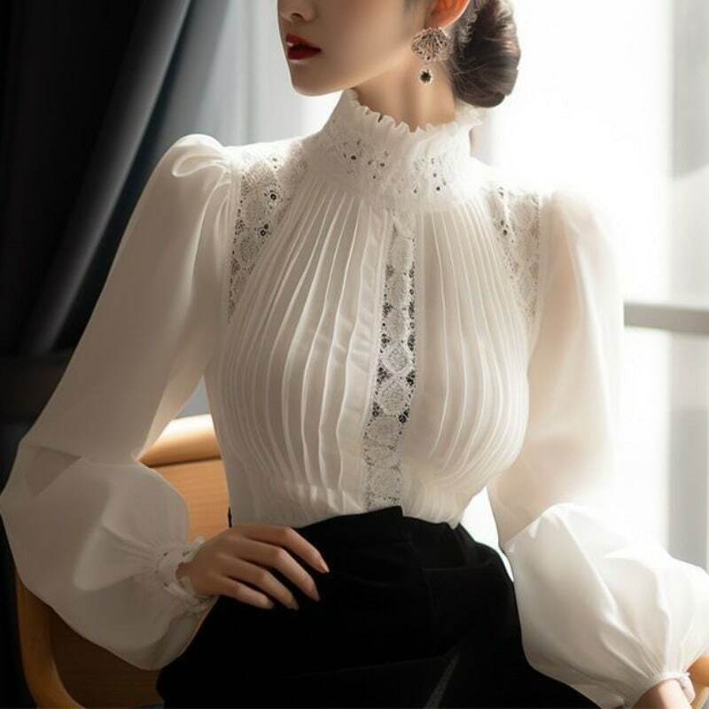 Women's Solid Color Stand Collar Blouses Spring 2024 New Fashion Commute Ruched Patchwork Lace Hollow Out Long Sleeve Shirt Tops