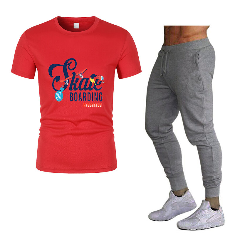 Camiseta de manga curta estampada em letras de beisebol masculina e calça running, conjunto esportivo casual, primavera, verão, 2