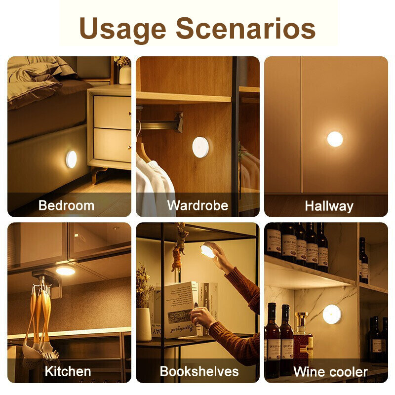 무선 라운드 모션 LED 야간 조명, USB 충전 캐비닛 야간 램프, 침대 옆 테이블, 침실 홈 옷장 센서 조명