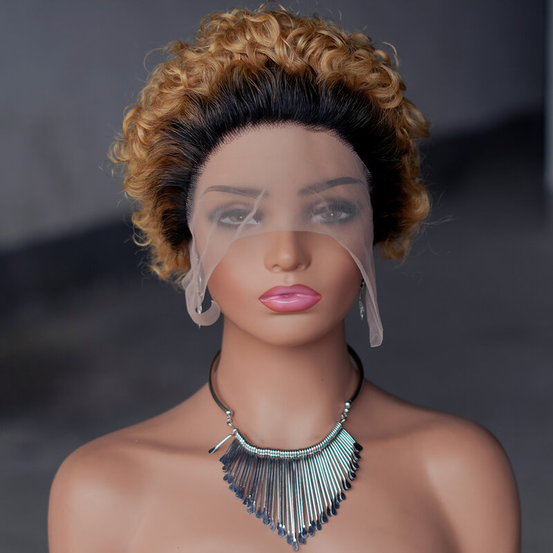 Krótka brązowa kręcone ludzkie włosy koronkowe dla czarnych kobiet fryzura Pixie Afro brazylijski Remy ludzki włos naturalny imbirowy przód koronki na co dzień