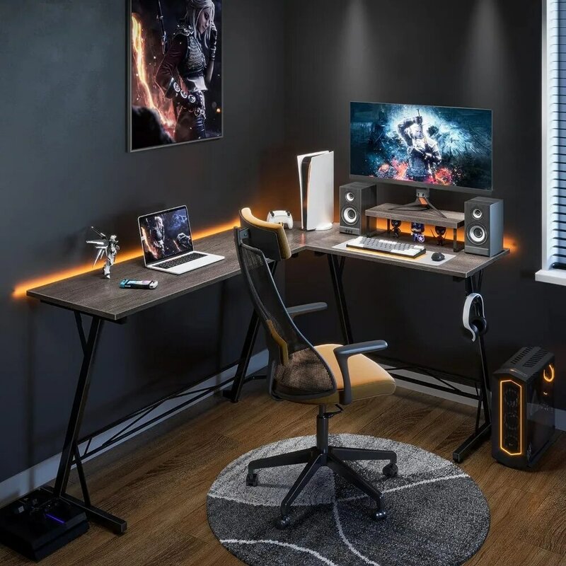 Casaottima-escritorio para juegos en forma de L, escritorio de esquina para oficina en casa con soporte para Monitor de 66 ", Roble gris