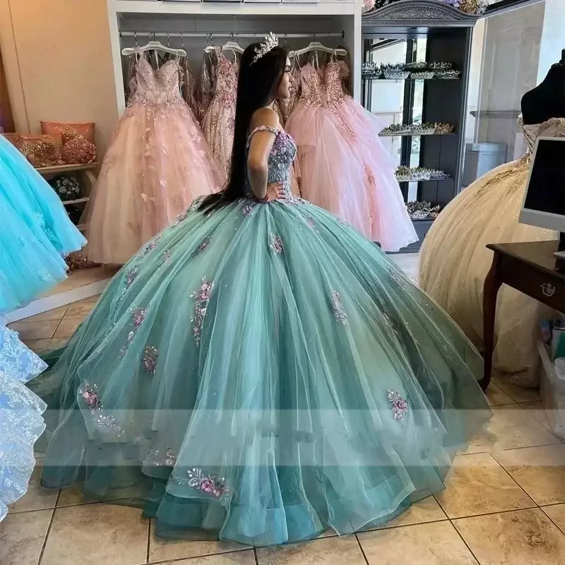 Prinzessin 3d Blumen Quince anera Kleider von der Schulter Applikationen Perlen Mexiko süß 16 Ballkleid Geburtstag Vestidos de 15 Anos