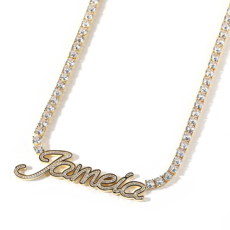 Uwin Custom Name Necklace Cursive Letters Pendant Iced Out Bling Cubic Zircon With 4mm Tennis Chain Charm Hiphop Jewelry