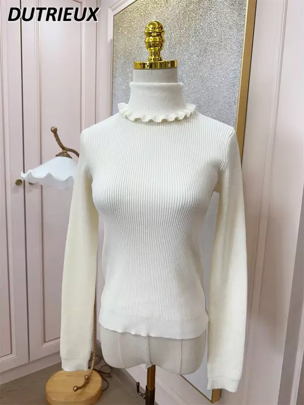 Lolita Trui Effen Kleur Binnenkleding Nauwsluitende Pasvorm Zachte Houten Oor Coltrui Vrouwen Sweet Japans Shirt Revers Top