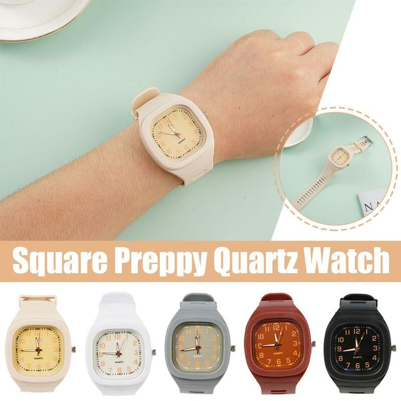 Relógio de pulso simples em couro PU para senhoras, quadrado INS, cores doces macaron, quartzo, relógio moderno para casais, X8X8, verão