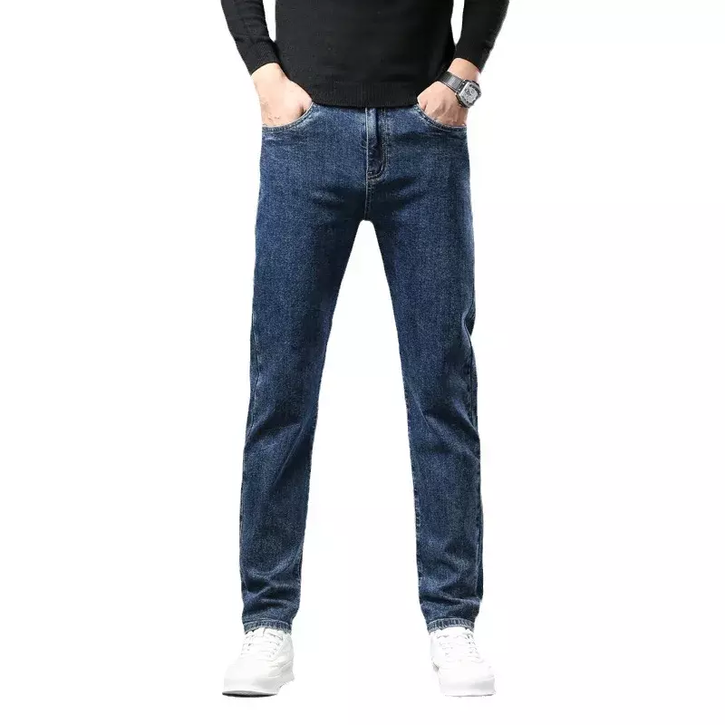 Мужские теплые джинсы с флисовой подкладкой, черные или синие классические эластичные хлопковые облегающие брюки из плотного бархатного денима в деловом стиле, для зимы