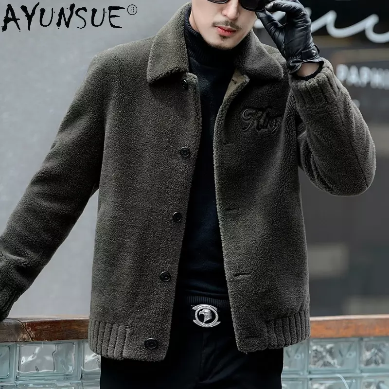 AYUNSUE куртка из короткой овечьей шерсти мужская меховая бархатная куртка из овечьей шерсти с коротким лацканом, Мужская Меховая куртка, Мужская одежда, зимняя куртка для мужчин