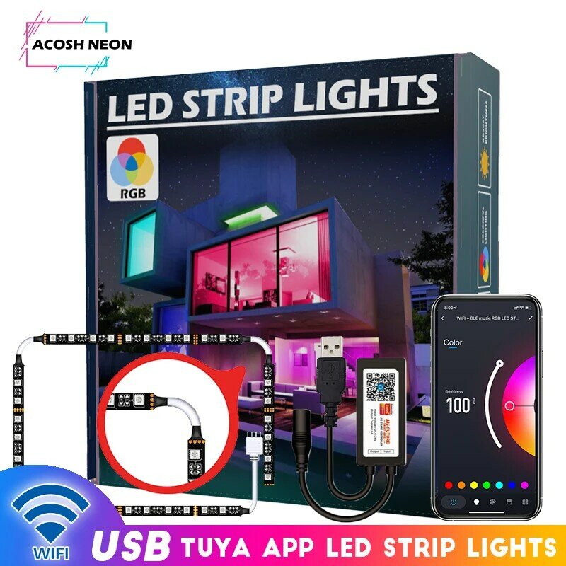 Luzes de tira LED inteligentes com controle do aplicativo, Tuya, USB, WiFi, impermeável, preto, PCB, 5050, SMD, DC 5V