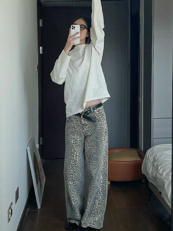 ADAgirl Do Old Leopard Jeans Women Hip Hop Vintage Oversize Straight Wide Leg Korean Denim Pants Y2k Fashion High Waist Bottoms