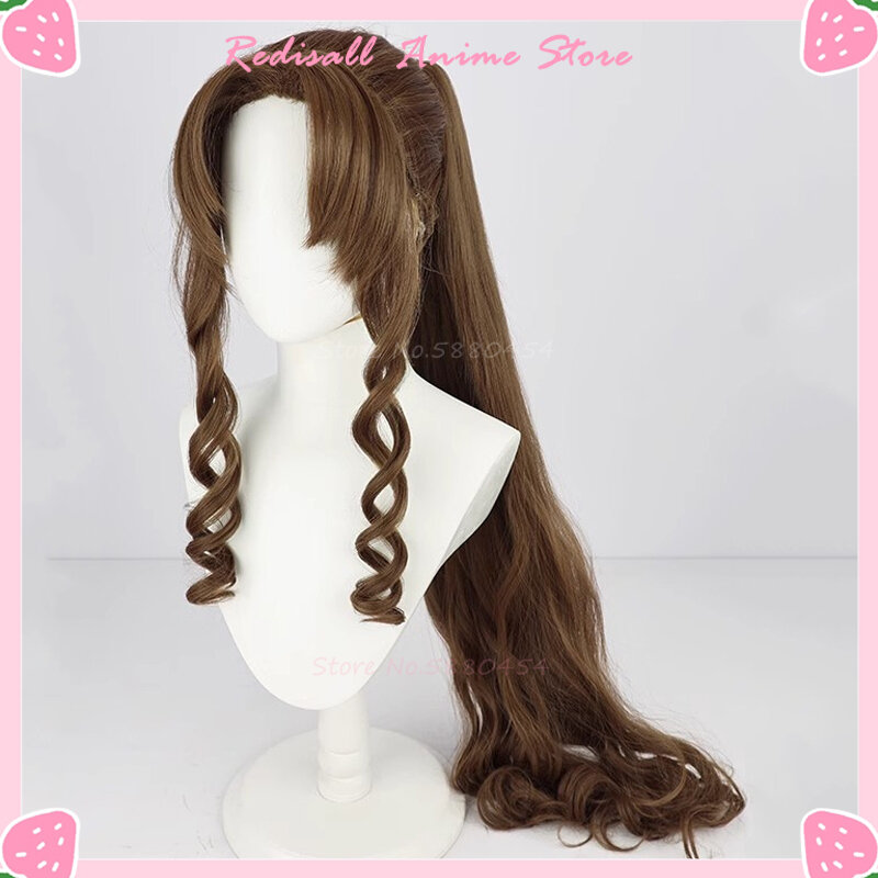 Aerith Gainsborough Cosplay Wig Braided Ponytail Pink Bowtie Ribbon FF7 Curly Hair Heat Resistant Game Headwear