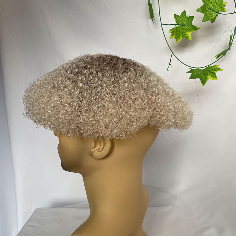 Toupet bouclé afro ondulé pour hommes noirs, perruque de base en dentelle française, perruques de cheveux humains, unité de système de cheveux, document ombré, 4mm