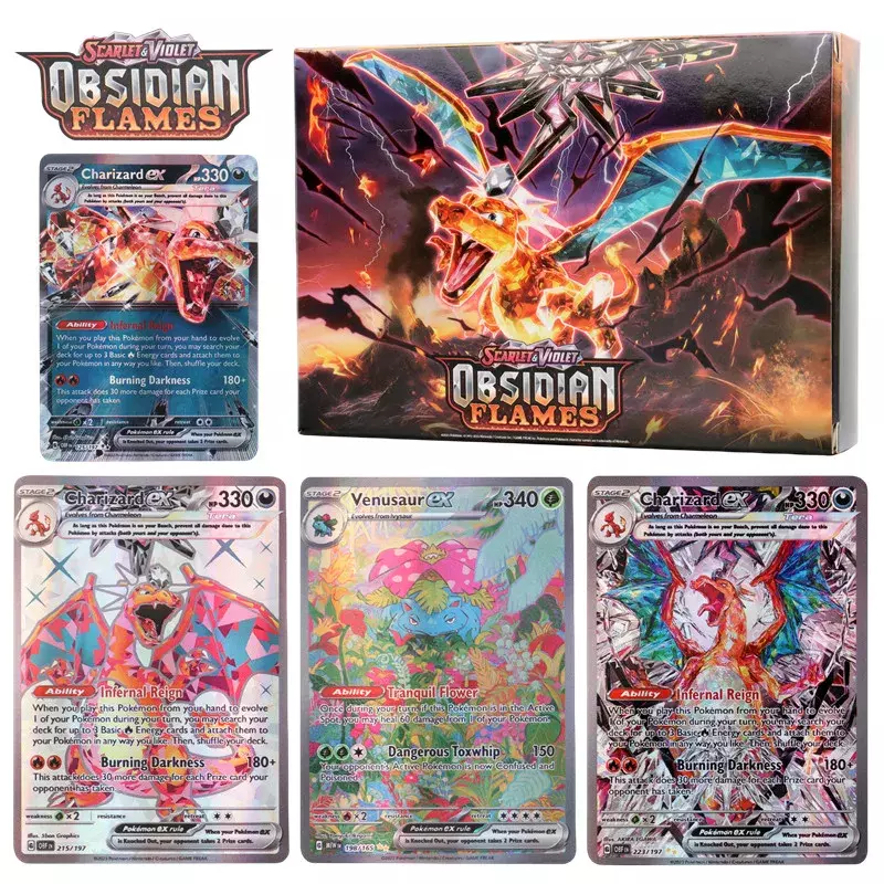 Tarjeta Pokémon escarlata y violeta, obsidiana, llamas, cristal de titanio, Charizard, EX, versión en inglés, 60-100 piezas