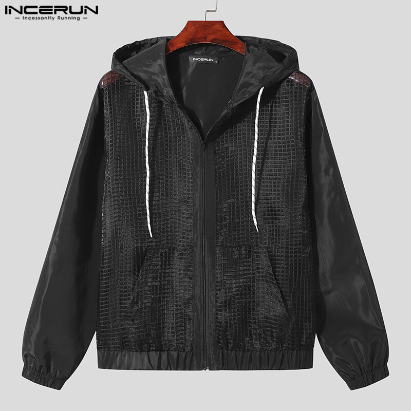 INCERUN Tops 2024 Sexy Men's Grid See-through Mesh Patchwork Shirts Male Hooded Drawstring Thin Long Sleeved Zipper Blouse S-5XL