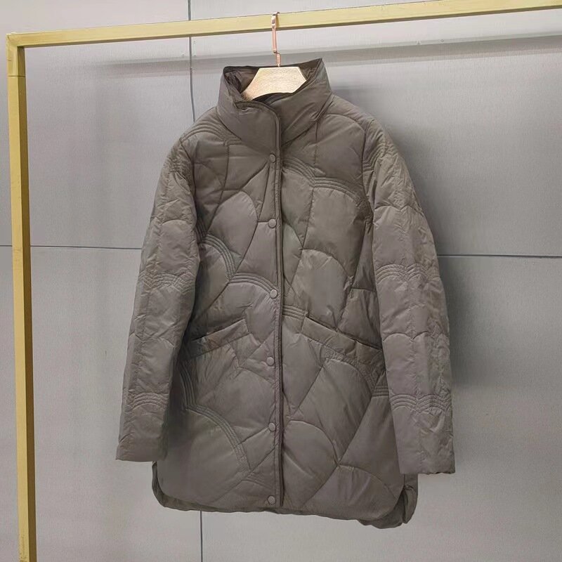 Down Jacket New Women's Medium And Long Light Stand Collar Large Size Loose White Duck Down Color Contrast Fashion Comfortable