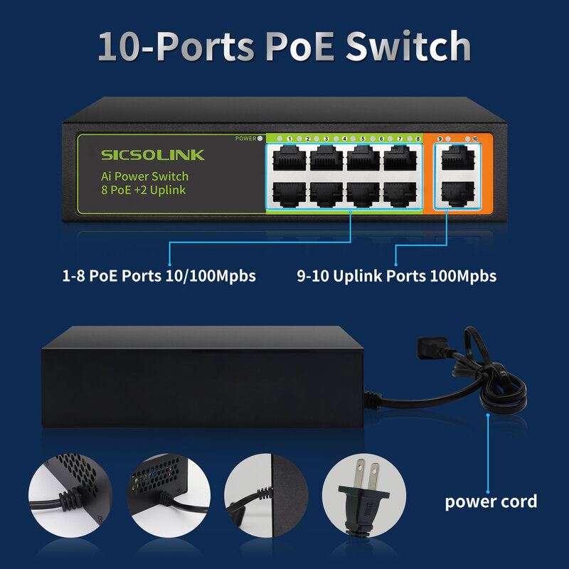 AI Smart 10/6 porte PoE + Switch ,2 uplink, 802.3af/at,120W potenza totale, 100Mbps, si estende a 250 metri, non gestito, senza ventola, spina americana