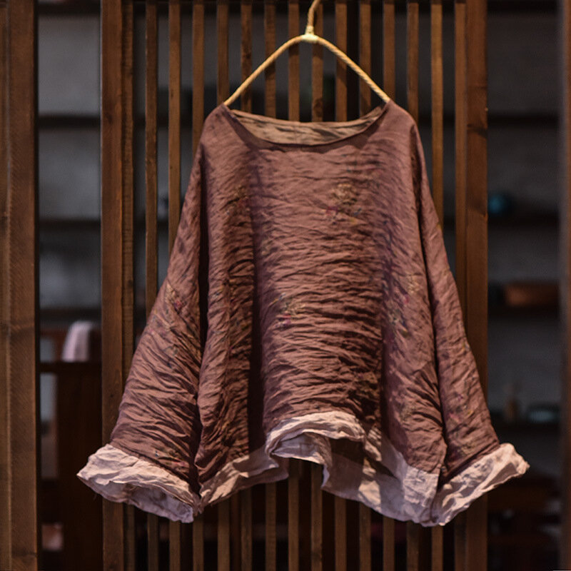 Blusa feminina de mangas compridas com o pescoço, tops soltos de linho, patchwork, plus size, rami, roupas de verão, 2024