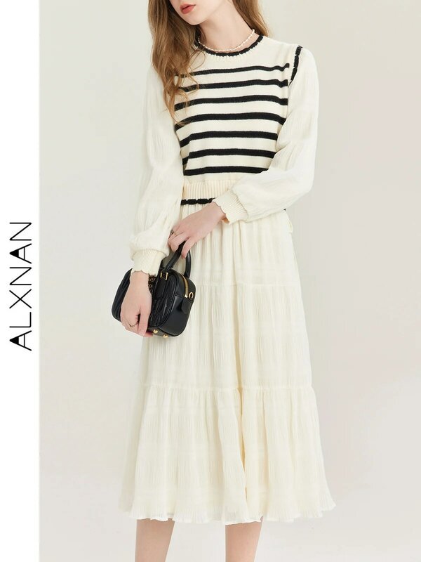 ALXNAN Fashion Knitted Dress Women 2024 Autumn French Lady Fake Two-piece Long Sleeve Waist Slim Striped Tea Break Dress T01008