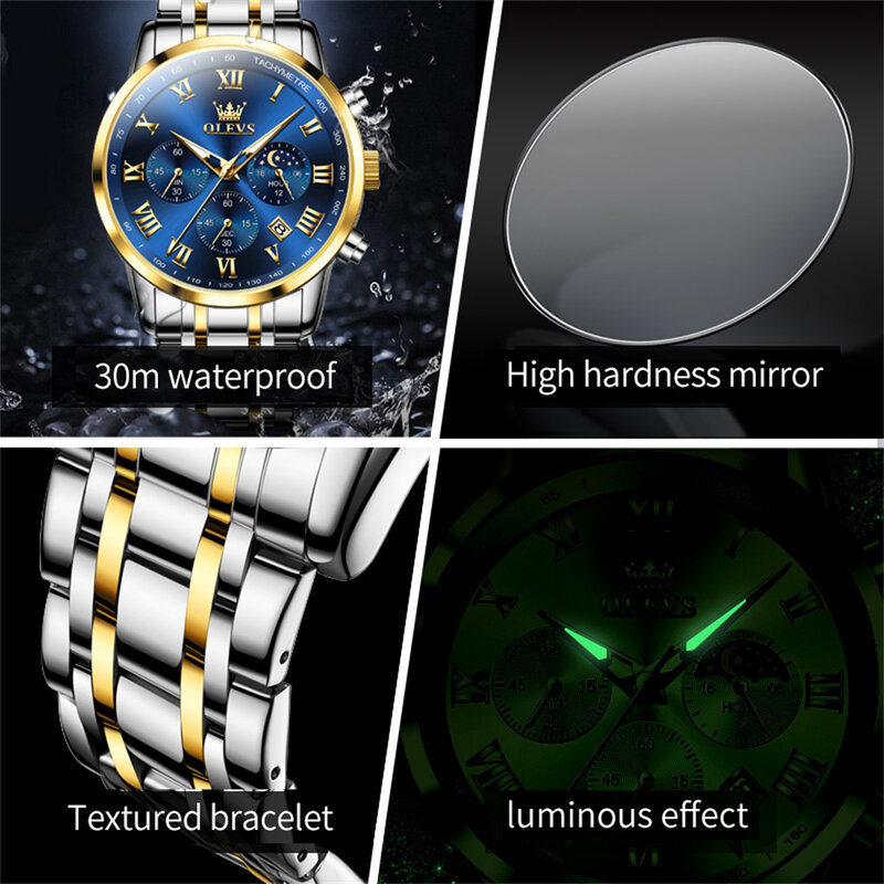 Olevs Luxe Merk Hot Sales Herenhorloges Maanfase Quartz Horloge Roestvrij Staal Datum Waterdicht Origineel Mannelijk Polshorloge