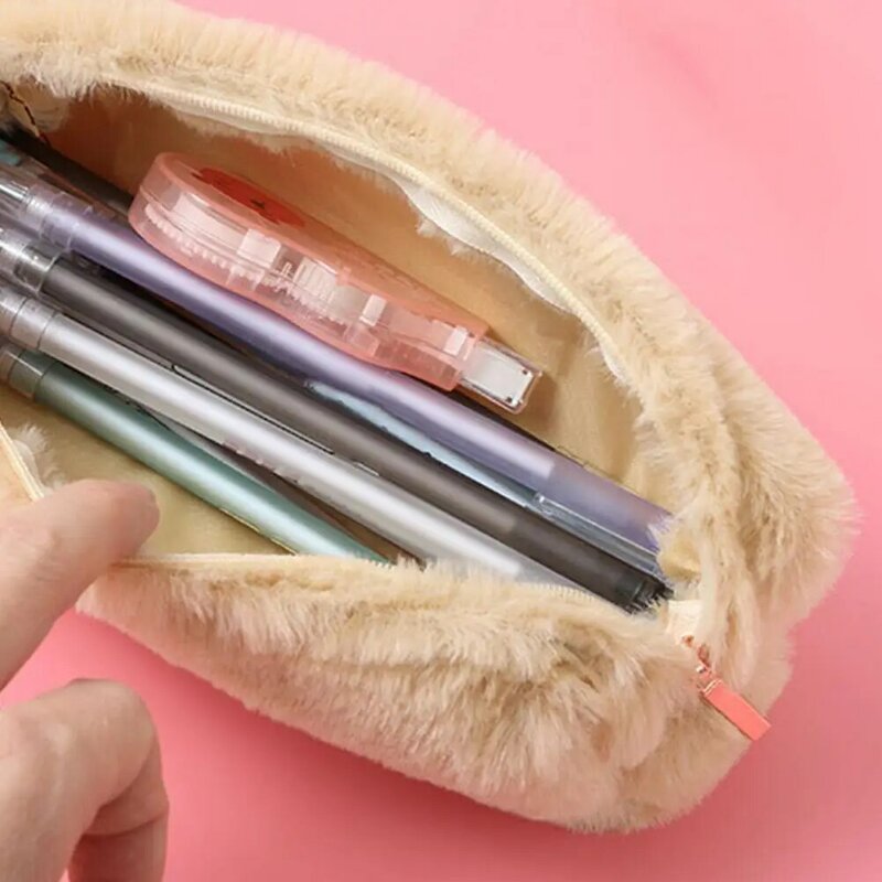 Pencil Case Kawaii Plush Cosmetic Case Bag Zipper Closure Pen Bag Lovely Girls Solid Color Plush Pencil Case Stationary Kit